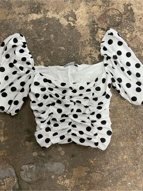 Asos Polka Dot Ruched Puff-Sleeve Crop Top - White/Black
